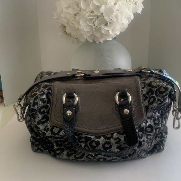 COACH ASHLEY OCELOT LEOPARD BLACK & SILVER METALLIC RARE SATCHEL - Picture 3 of 8